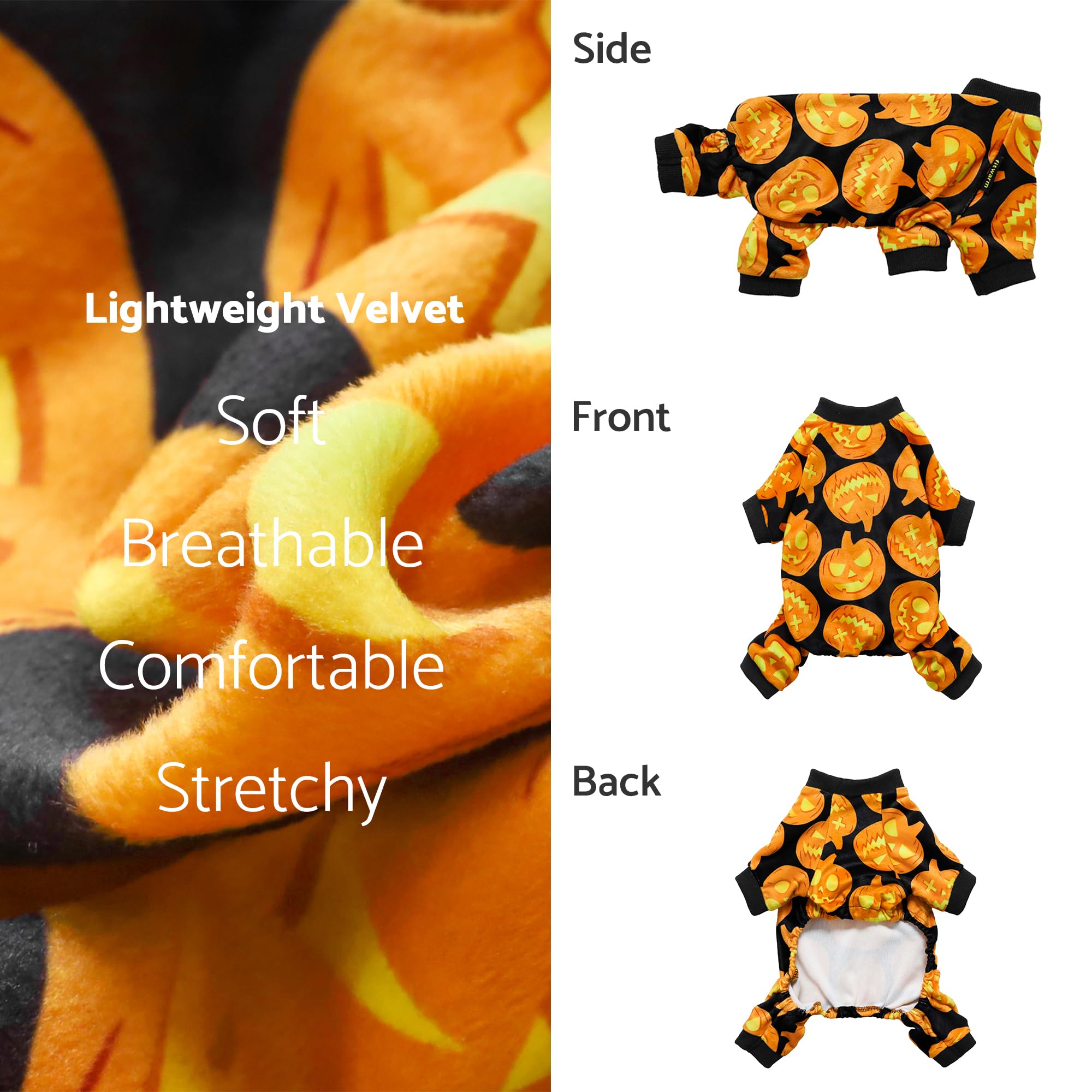 Fitwarm Medium Halloween Pumpkin Dog Pajamas – Black & Orange Velvet Onesie for Small Dogs and Cats
