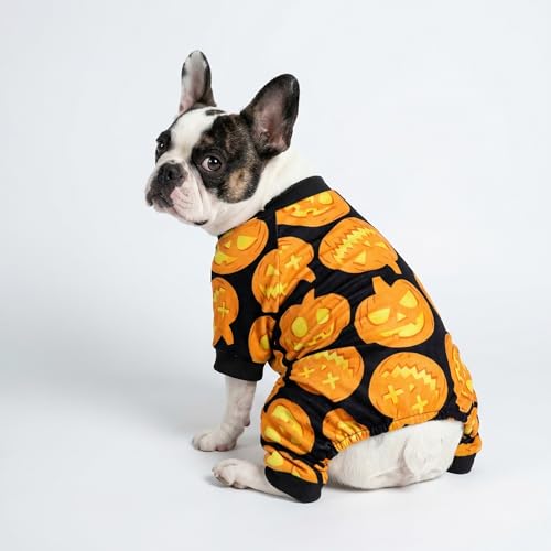 Fitwarm Medium Halloween Pumpkin Dog Pajamas – Black & Orange Velvet Onesie for Small Dogs and Cats