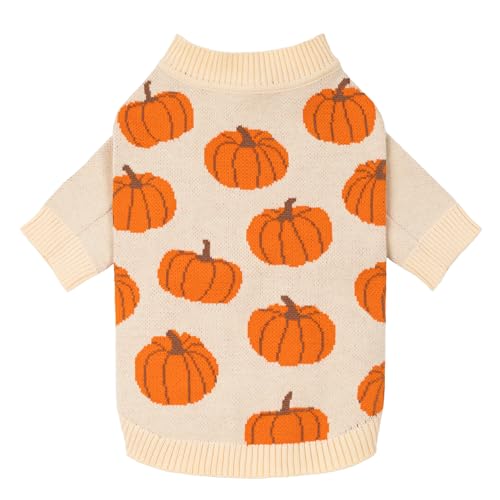 Fitwarm Pumpkin Dog Sweater for Small Dogs – Cozy Thanksgiving Outfit, Orange & Beige, Size Small