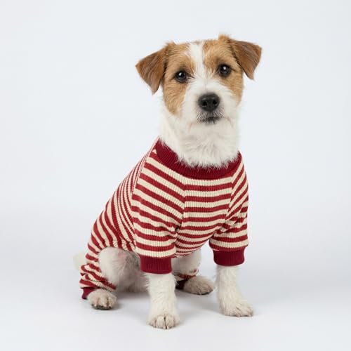 Fitwarm Red and White Striped Dog Pajamas – Waffle Knit Onesie for Small Dogs & Cats, Medium