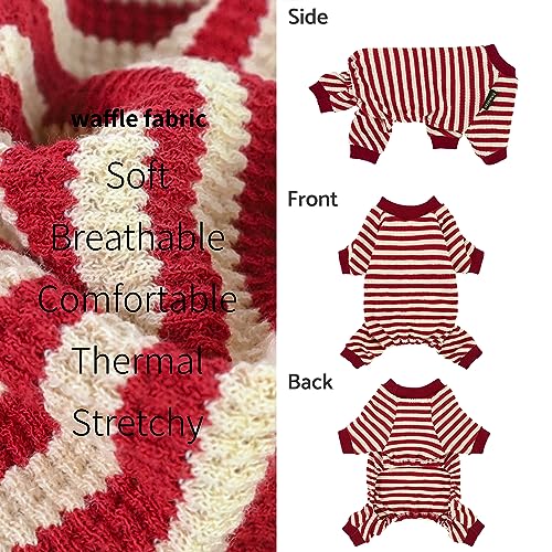Fitwarm Red and White Striped Dog Pajamas – Waffle Knit Onesie for Small Dogs & Cats, Medium
