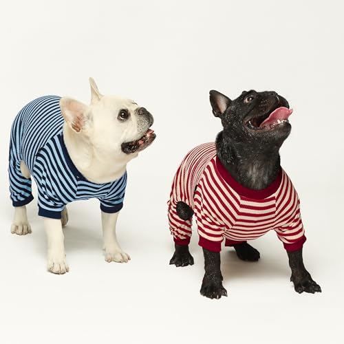Fitwarm Red and White Striped Dog Pajamas – Waffle Knit Onesie for Small Dogs & Cats, Medium