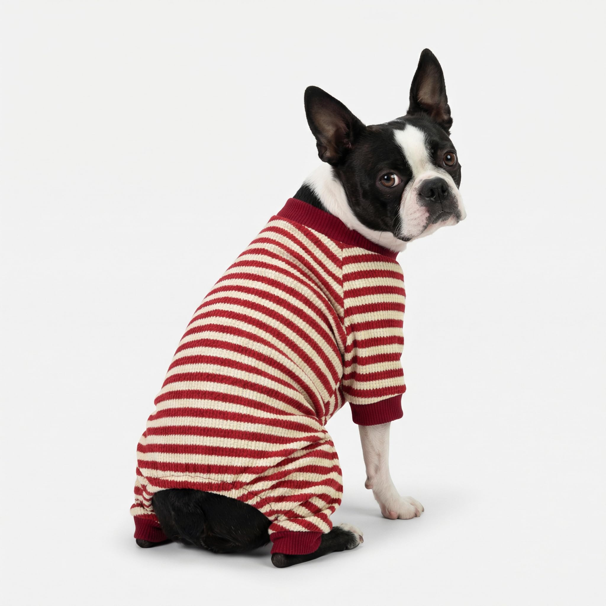 Fitwarm Red and White Striped Dog Pajamas – Waffle Knit Onesie for Small Dogs & Cats, Medium