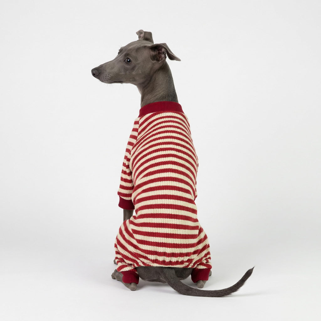 Fitwarm Red and White Striped Dog Pajamas – Waffle Knit Onesie for Small Dogs & Cats, Medium