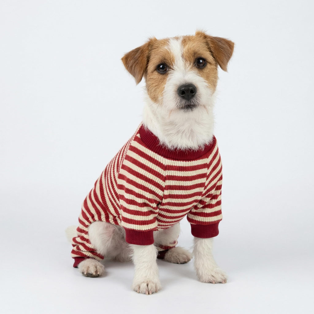 Fitwarm Red and White Striped Dog Pajamas – Waffle Knit Onesie for Small Dogs & Cats, Medium