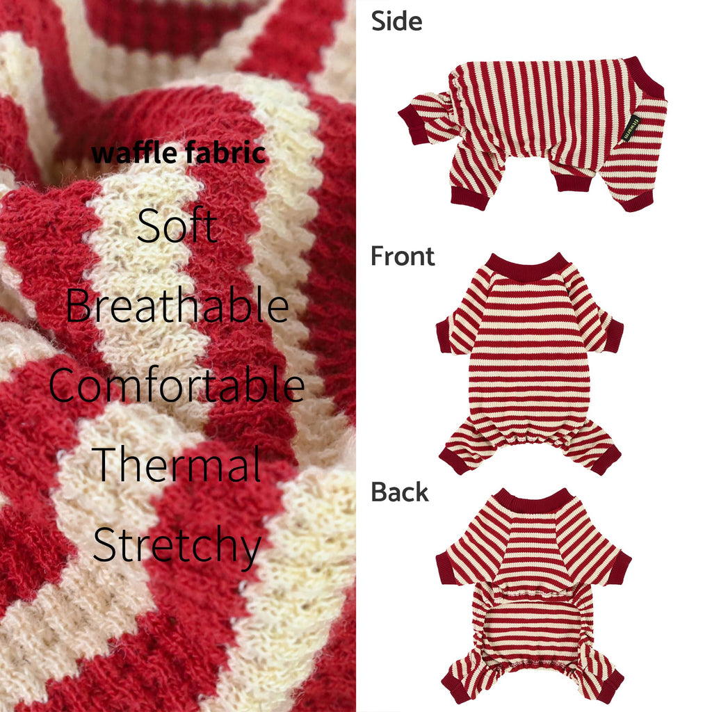 Fitwarm Red and White Striped Dog Pajamas – Waffle Knit Onesie for Small Dogs & Cats, Medium