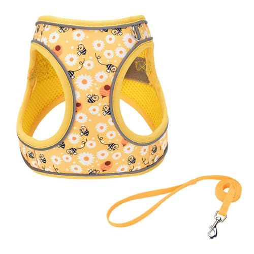 Flymind Bee Pattern Step-In Dog Harness and Leash Set – Soft Mesh Vest Harness for Small Dogs, No-Pull Reflective Design, Size S