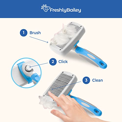 Freshly Bailey Self-Cleaning Slicker Brush for Dogs and Cats – Retractable Bristles, Gently Removes Loose Hair & Mats (White/Blue)