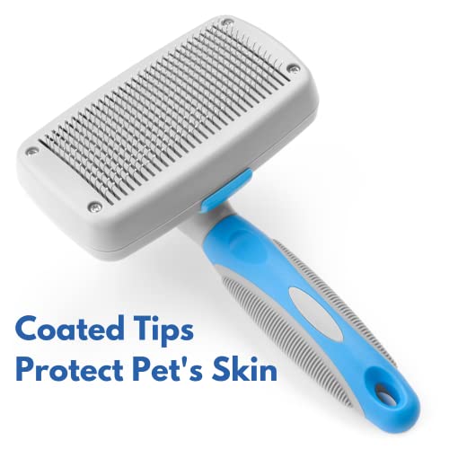 Freshly Bailey Self-Cleaning Slicker Brush for Dogs and Cats – Retractable Bristles, Gently Removes Loose Hair & Mats (White/Blue)