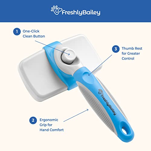 Freshly Bailey Self-Cleaning Slicker Brush for Dogs and Cats – Retractable Bristles, Gently Removes Loose Hair & Mats (White/Blue)