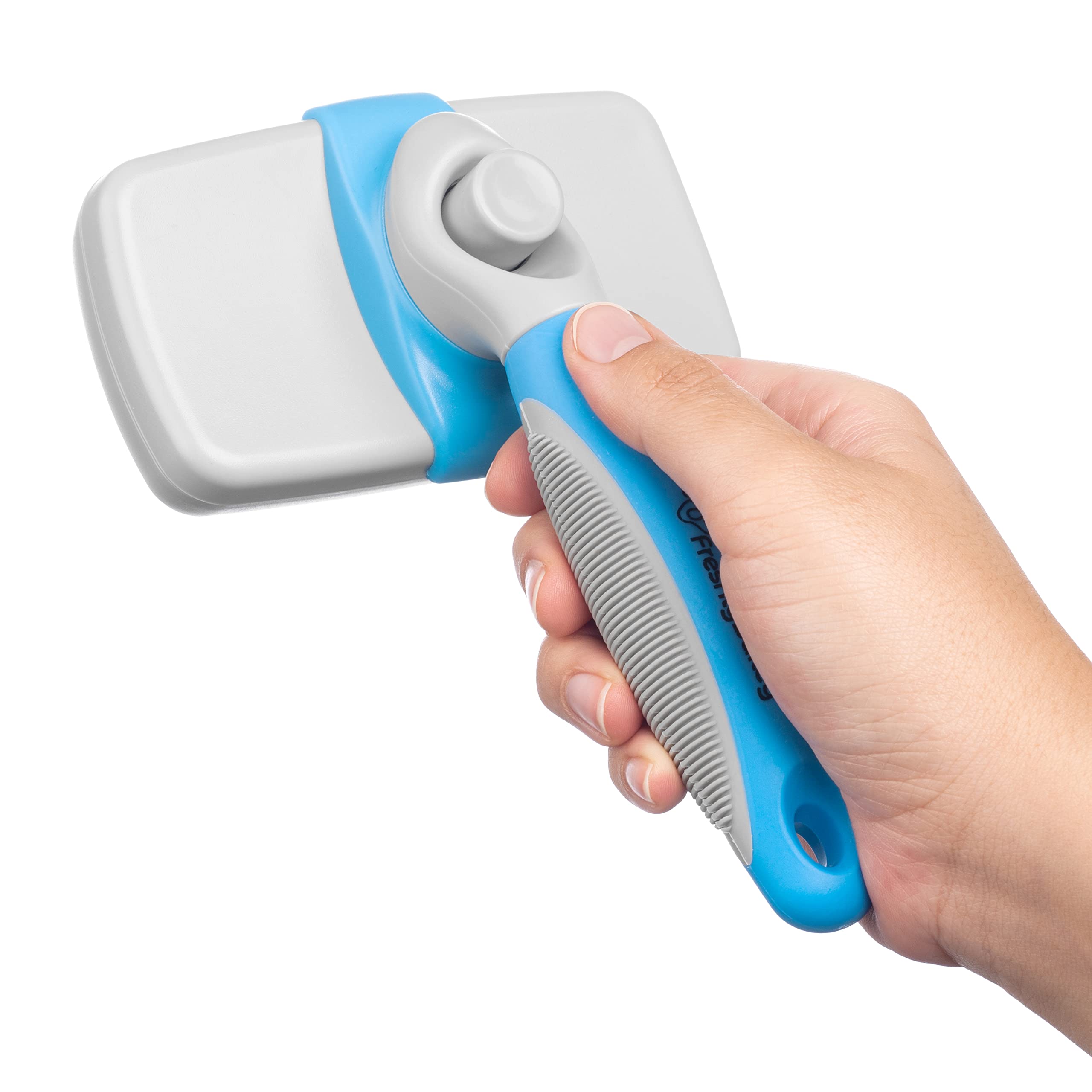 Freshly Bailey Self-Cleaning Slicker Brush for Dogs and Cats – Retractable Bristles, Gently Removes Loose Hair & Mats (White/Blue)