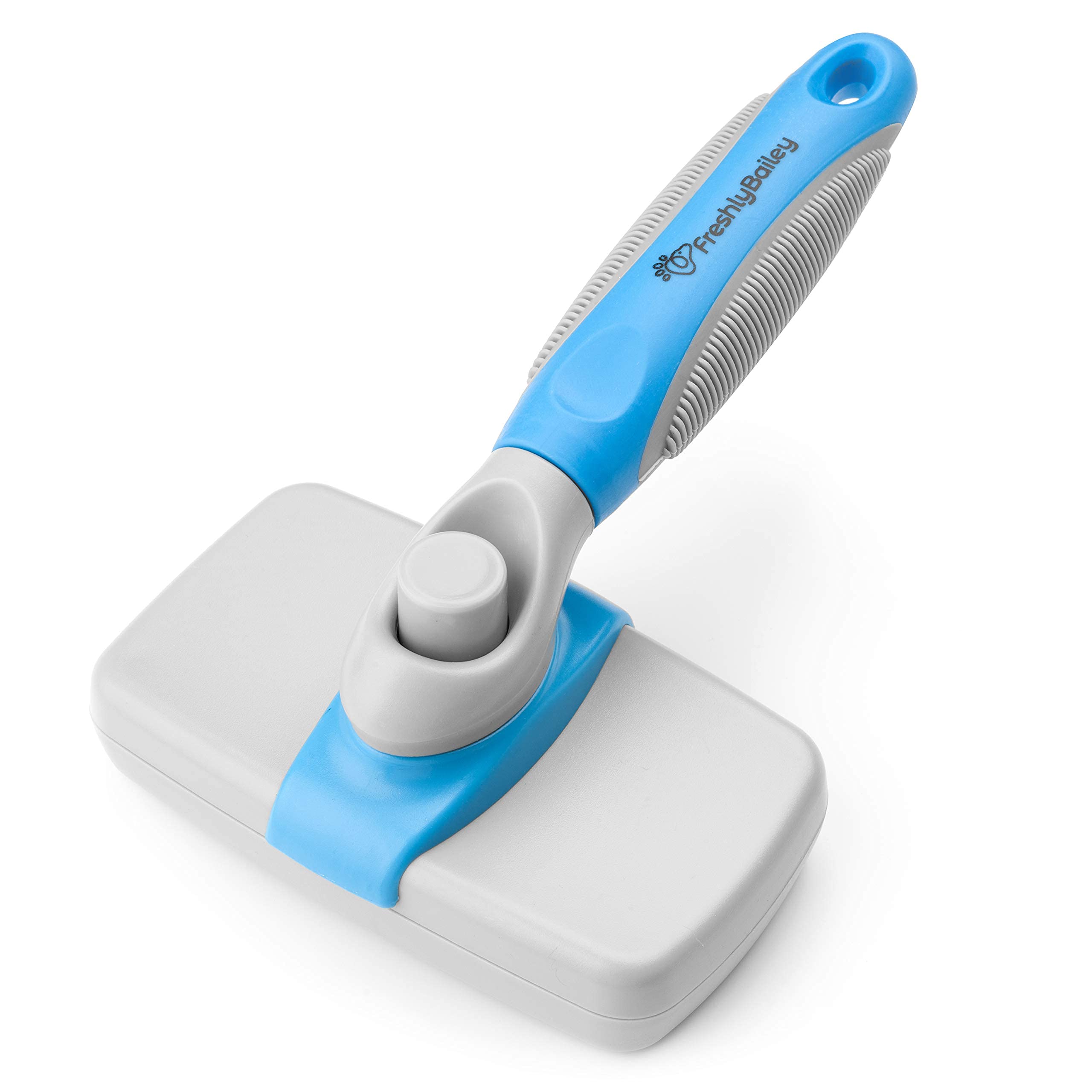 Freshly Bailey Self-Cleaning Slicker Brush for Dogs and Cats – Retractable Bristles, Gently Removes Loose Hair & Mats (White/Blue)