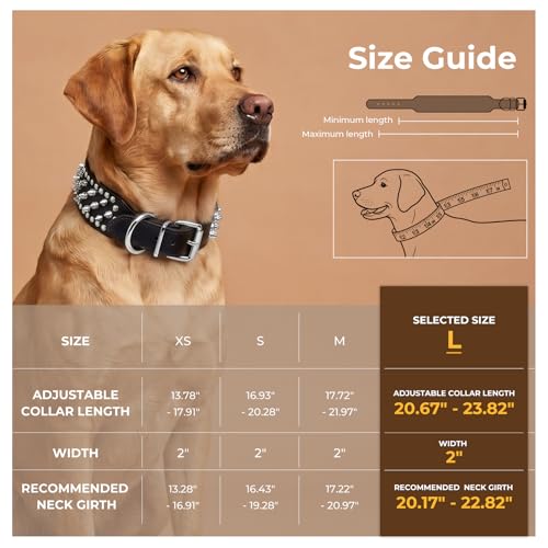 Frienhund Anti-Bite Spiked Studded Dog Collar, Large (20.67-23.82"), Black PU Leather, Fixed D-Ring