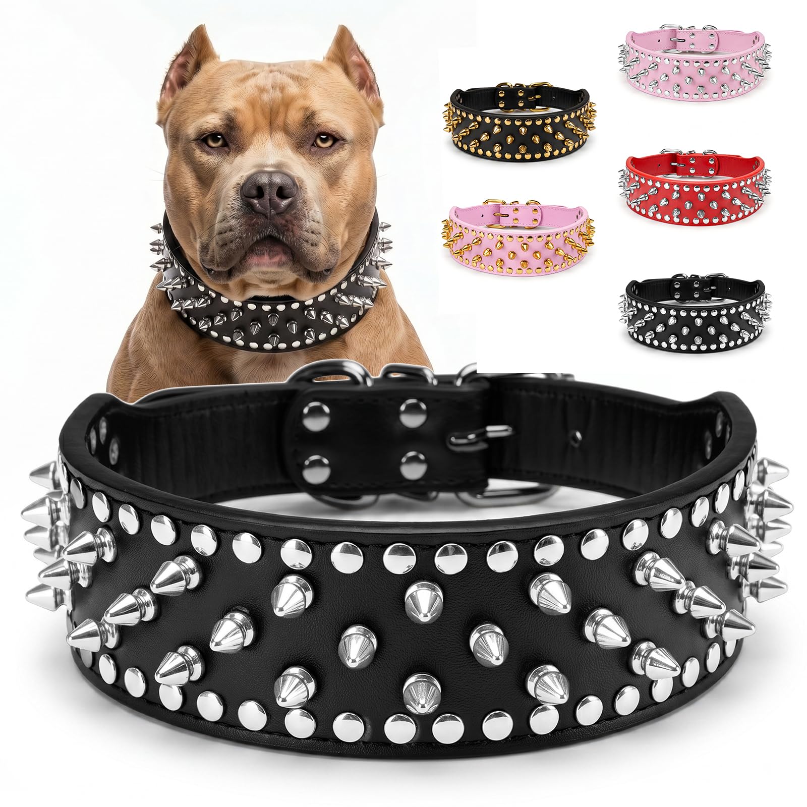 Frienhund Anti-Bite Spiked Studded Dog Collar, Large (20.67-23.82"), Black PU Leather, Fixed D-Ring