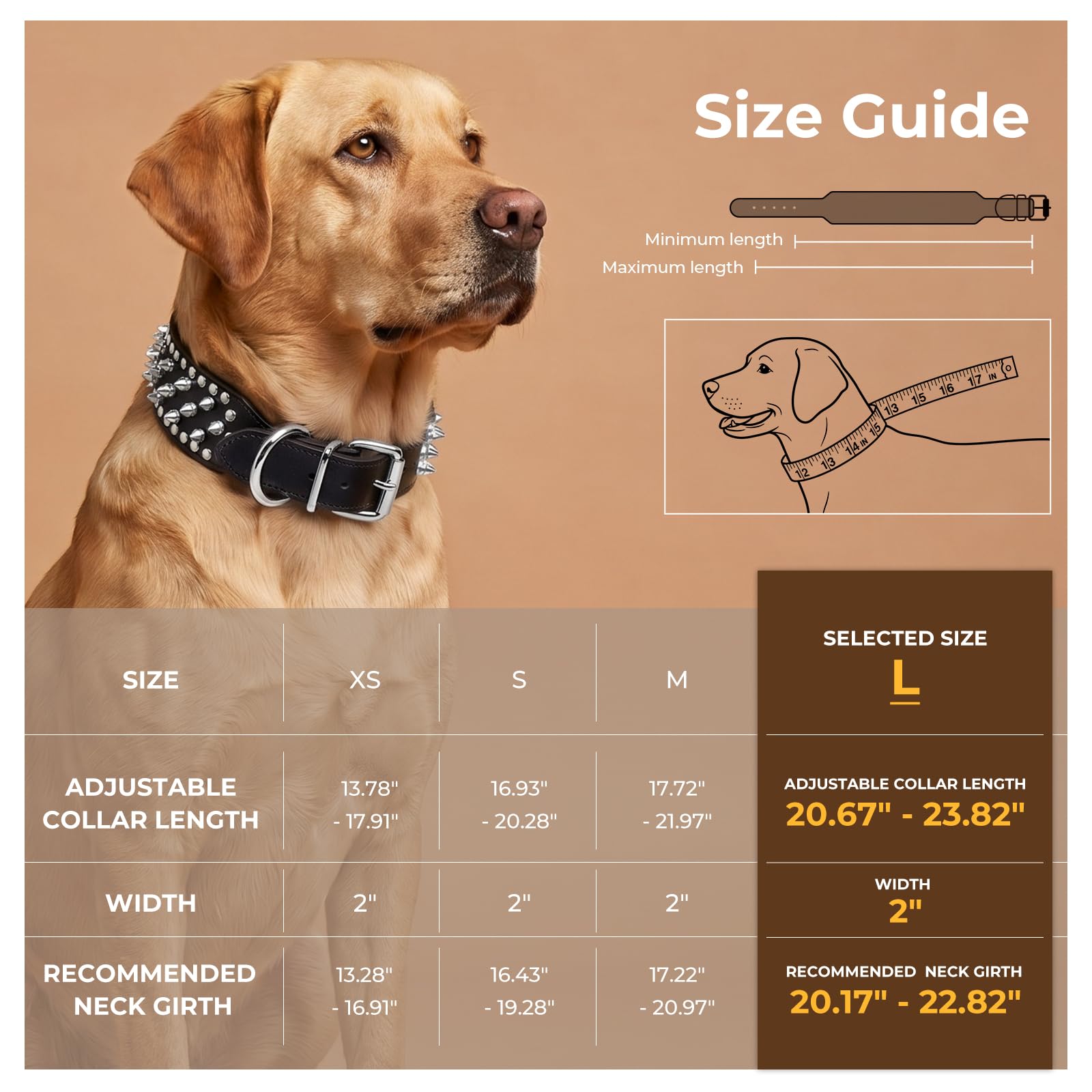 Frienhund Anti-Bite Spiked Studded Dog Collar, Large (20.67-23.82"), Black PU Leather, Fixed D-Ring