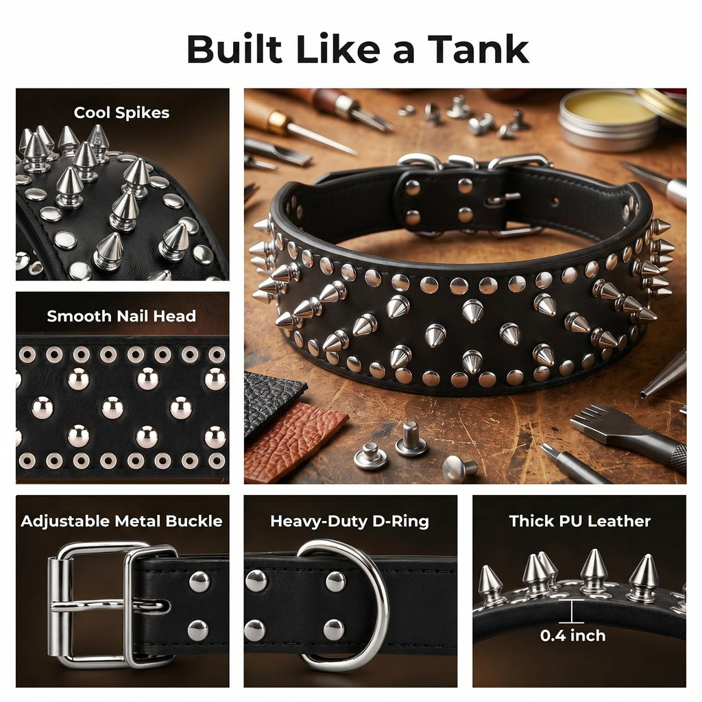 Frienhund Anti-Bite Spiked Studded Dog Collar, Large (20.67-23.82"), Black PU Leather, Fixed D-Ring