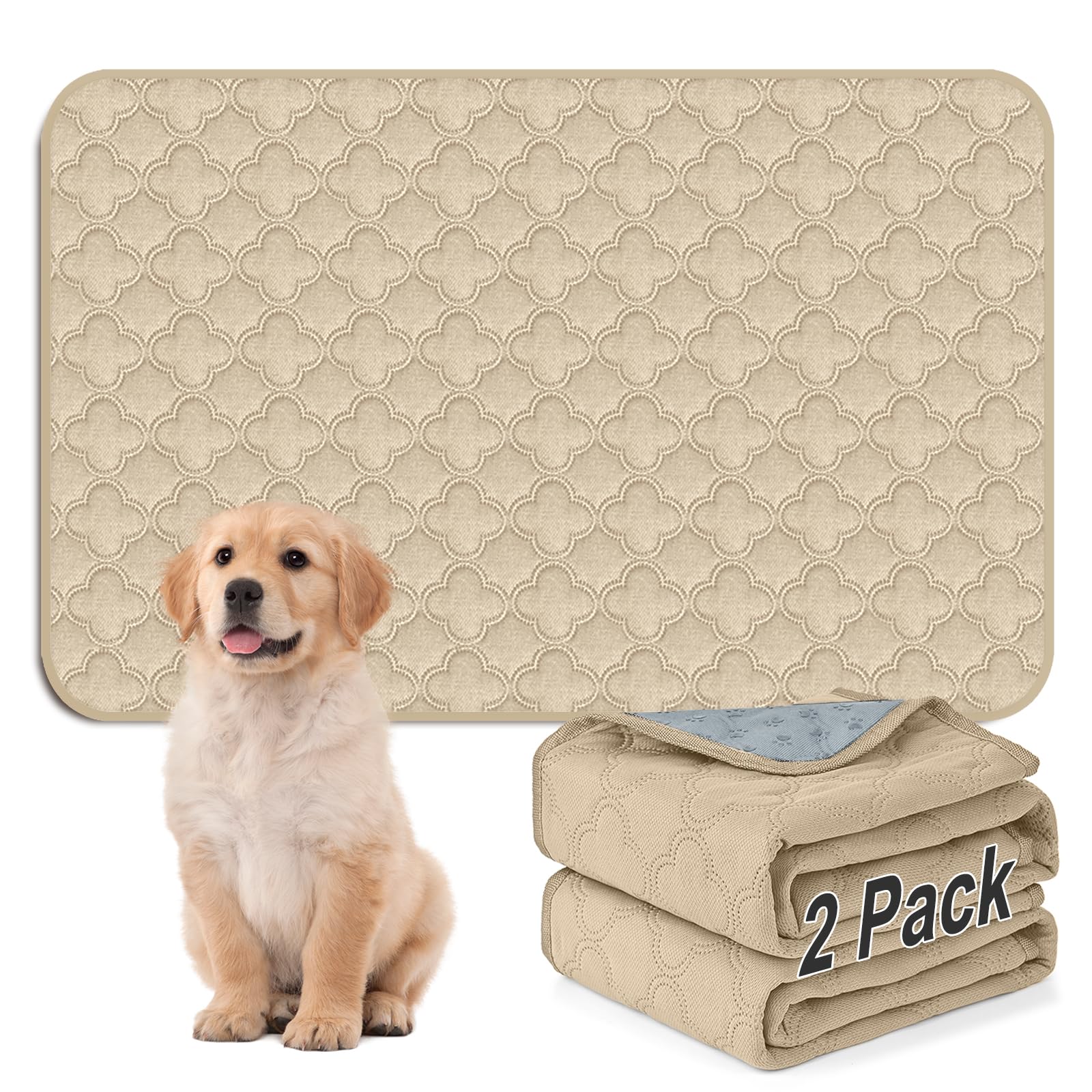 FunFurry Washable Pee Pads for Dogs – 2 Pack Reusable 24x36 Cream Training Pads with Non-Slip Backing