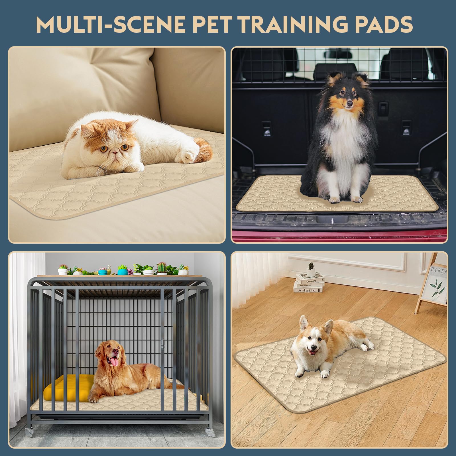 FunFurry Washable Pee Pads for Dogs – 2 Pack Reusable 24x36 Cream Training Pads with Non-Slip Backing