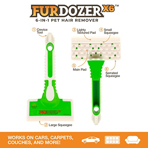 FurDozer X6 Pet Hair Remover - Green, 6-in-1 Manual Tool for Carpets, Couches, Car Interiors & More