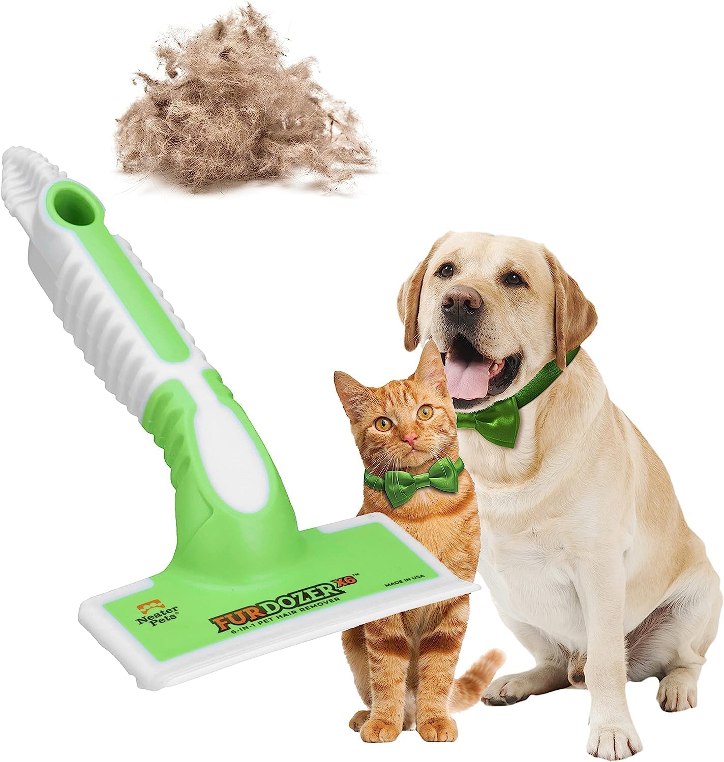 FurDozer X6 Pet Hair Remover - Green, 6-in-1 Manual Tool for Carpets, Couches, Car Interiors & More