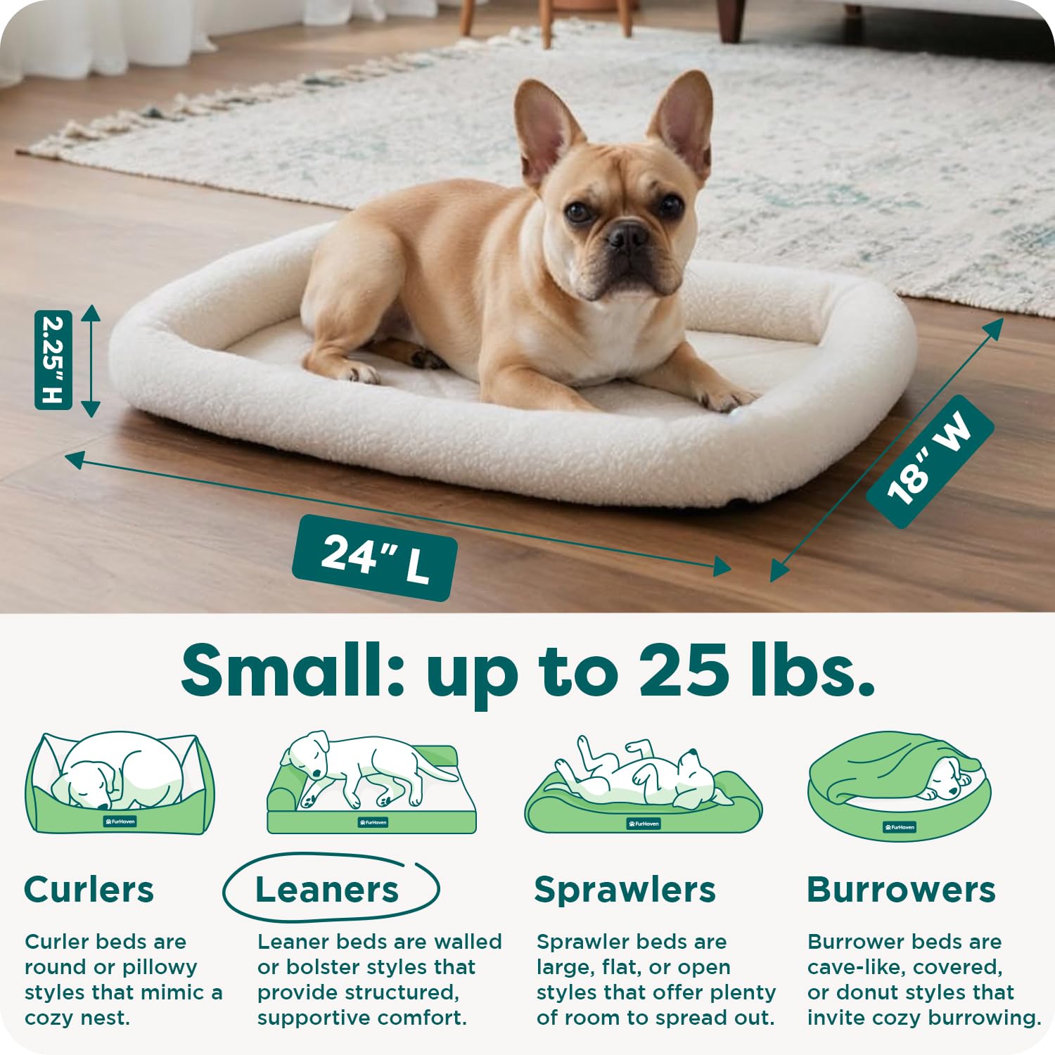 FurHaven Small Dog Bed Bolster Crate Pad – Sherpa Fleece, Machine Washable, Cream, 24x18x2.25 Inches