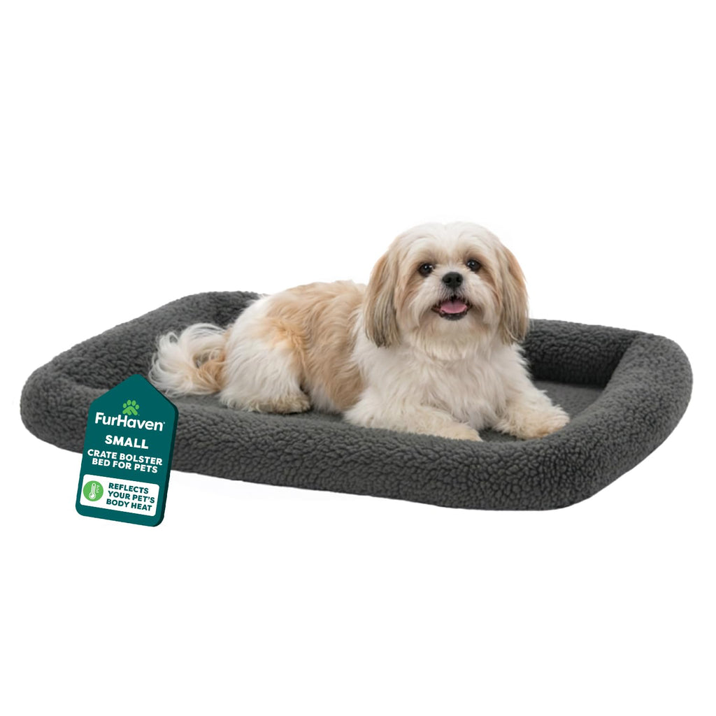 Furhaven Small Dog Bed – Washable Sherpa Fleece Bolster Crate Pad for Small Dogs & Cats, Gray, 24x18x2.3 Inches