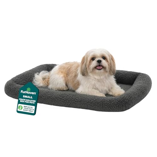 Furhaven Small Dog Bed – Washable Sherpa Fleece Bolster Crate Pad for Small Dogs & Cats, Gray, 24x18x2.3 Inches