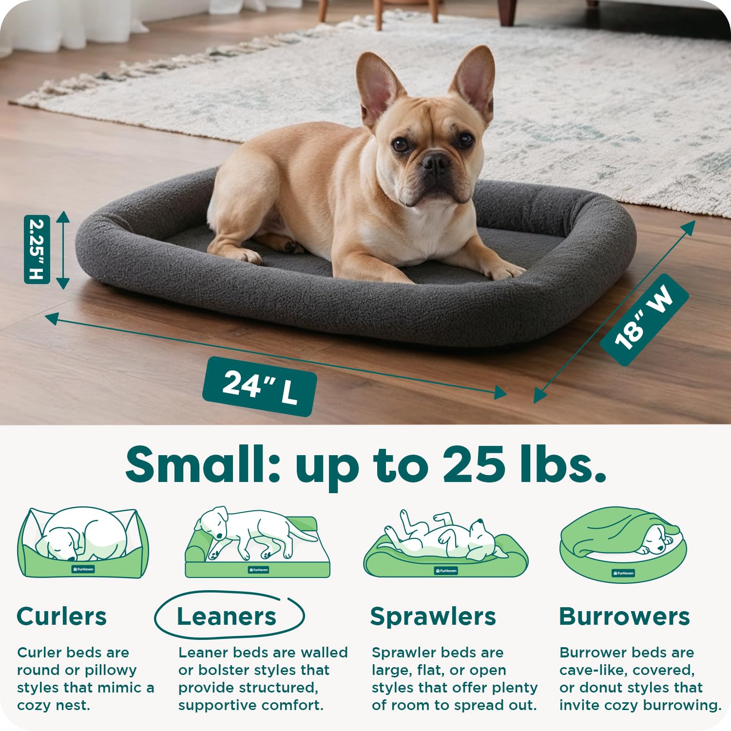 Furhaven Small Dog Bed – Washable Sherpa Fleece Bolster Crate Pad for Small Dogs & Cats, Gray, 24x18x2.3 Inches