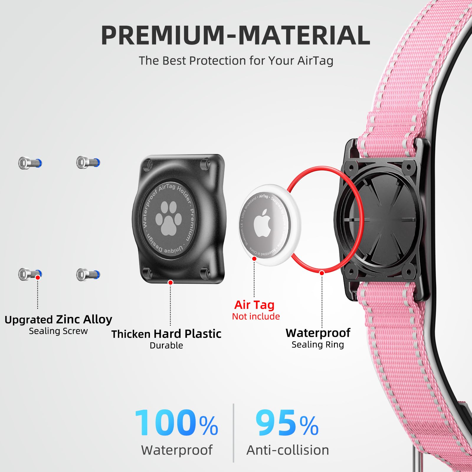 Furrigo AirTag Dog Collar - Light Pink, Size L - IP68 Waterproof, Reflective, Padded Heavy Duty