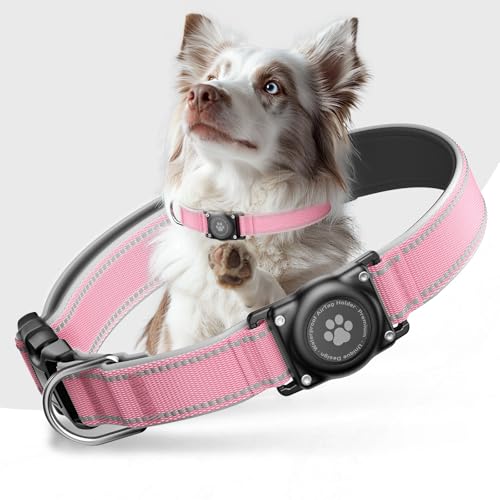 Furrigo AirTag Dog Collar - Light Pink, Size L - IP68 Waterproof, Reflective, Padded Heavy Duty