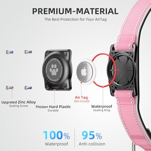 Furrigo AirTag Dog Collar - Light Pink, Size L - IP68 Waterproof, Reflective, Padded Heavy Duty