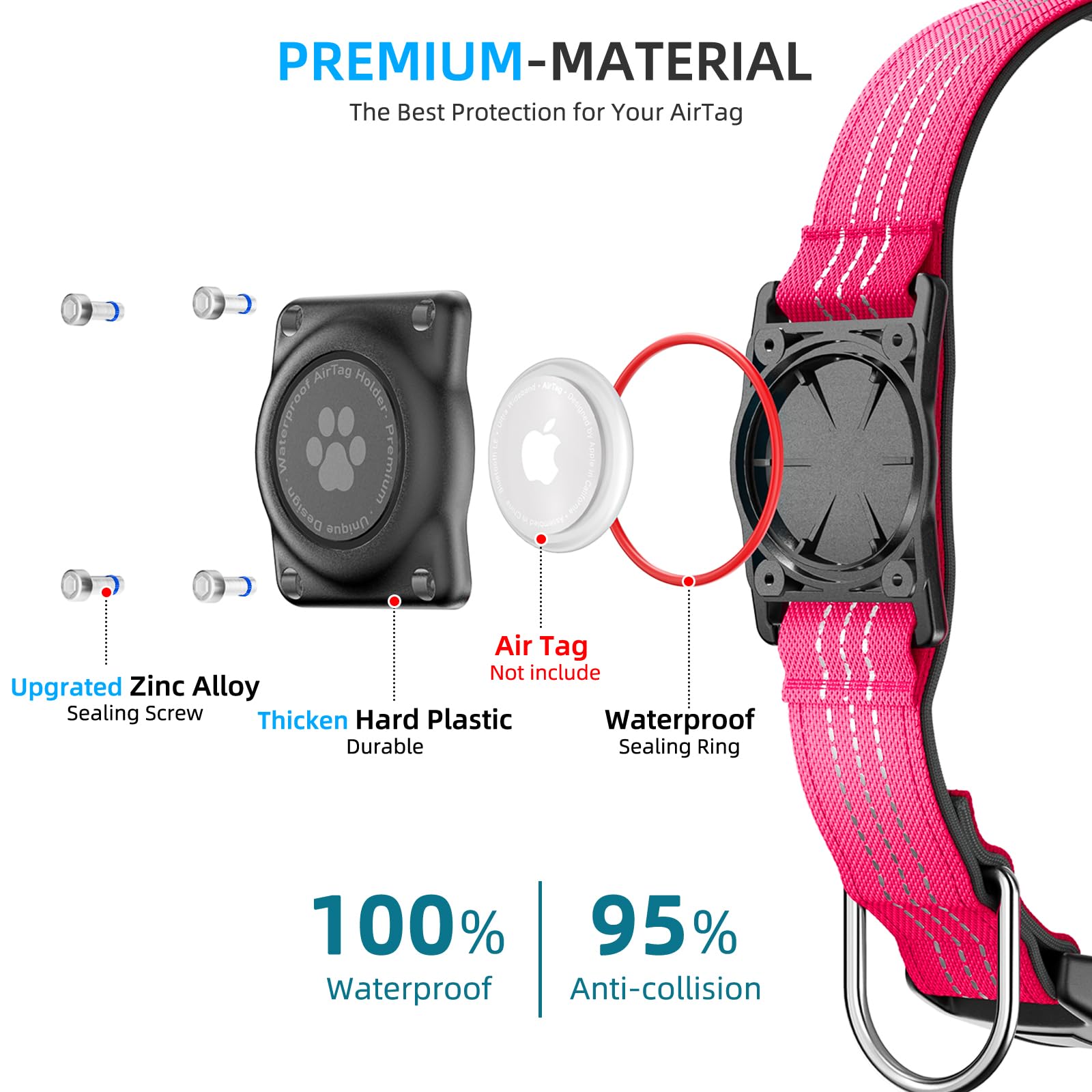 Furrigo AirTag Dog Collar with Integrated Holder, IP68 Waterproof, Reflective, Padded, for Small to Large Dogs (Hot Pink, Size L)