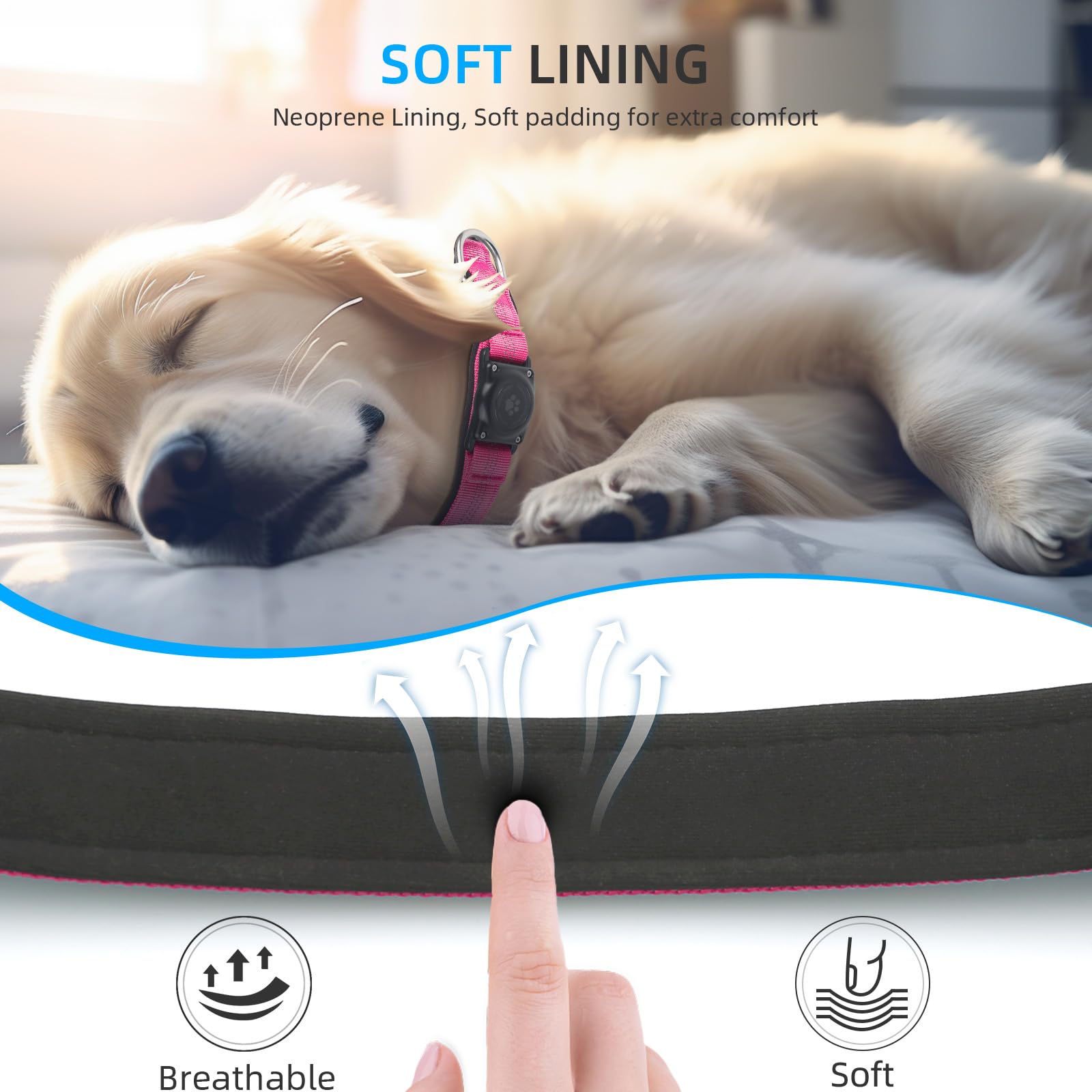 Furrigo AirTag Dog Collar with Integrated Holder, IP68 Waterproof, Reflective, Padded, for Small to Large Dogs (Hot Pink, Size L)