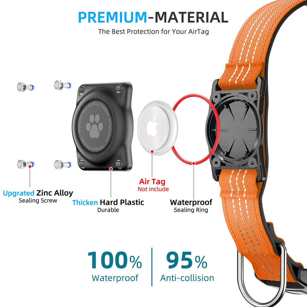 Furrigo IP68 Waterproof AirTag Dog Collar - Orange, XL (15.6-22 in) - Reflective & Padded