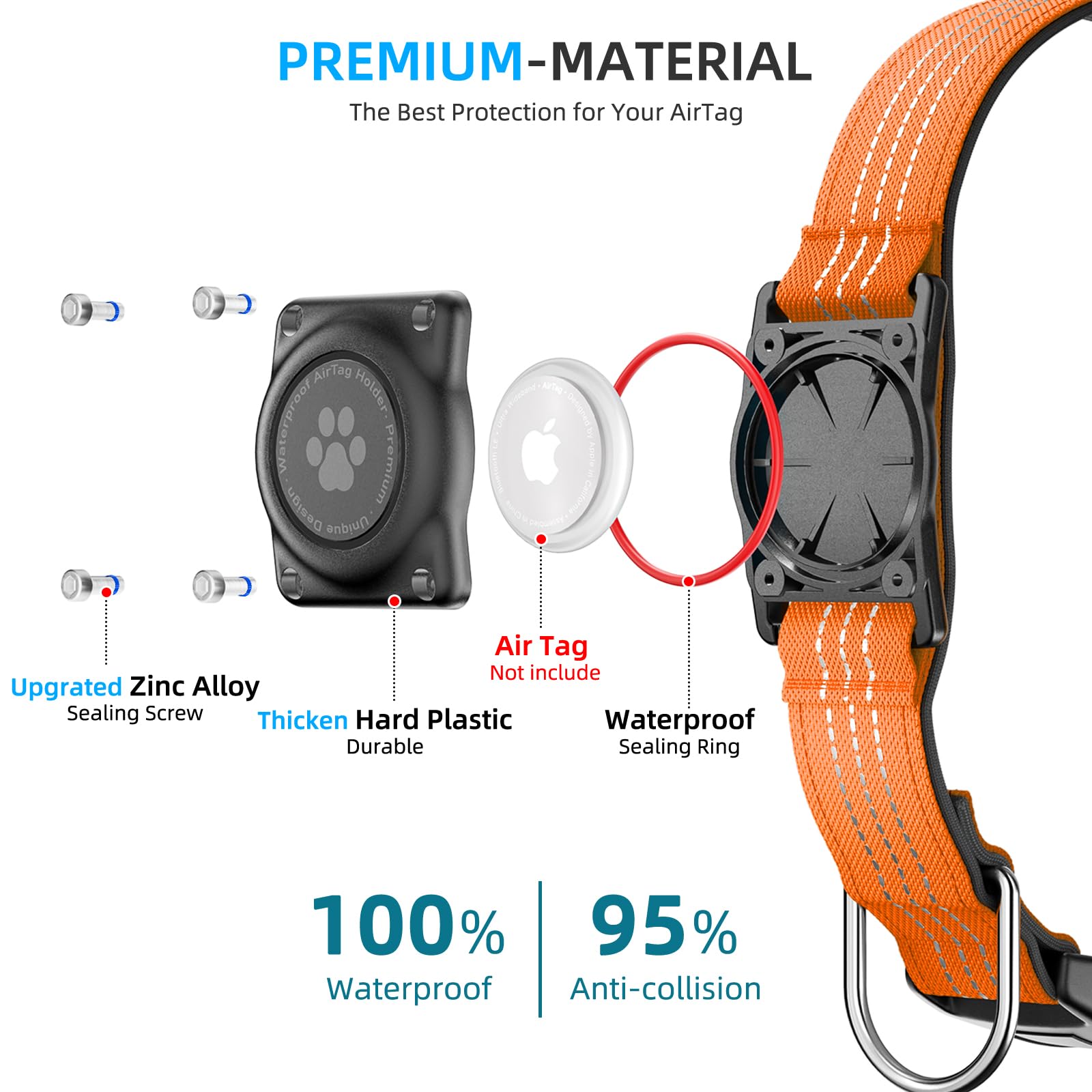 Furrigo IP68 Waterproof AirTag Dog Collar - Orange, XL (15.6-22 in) - Reflective & Padded