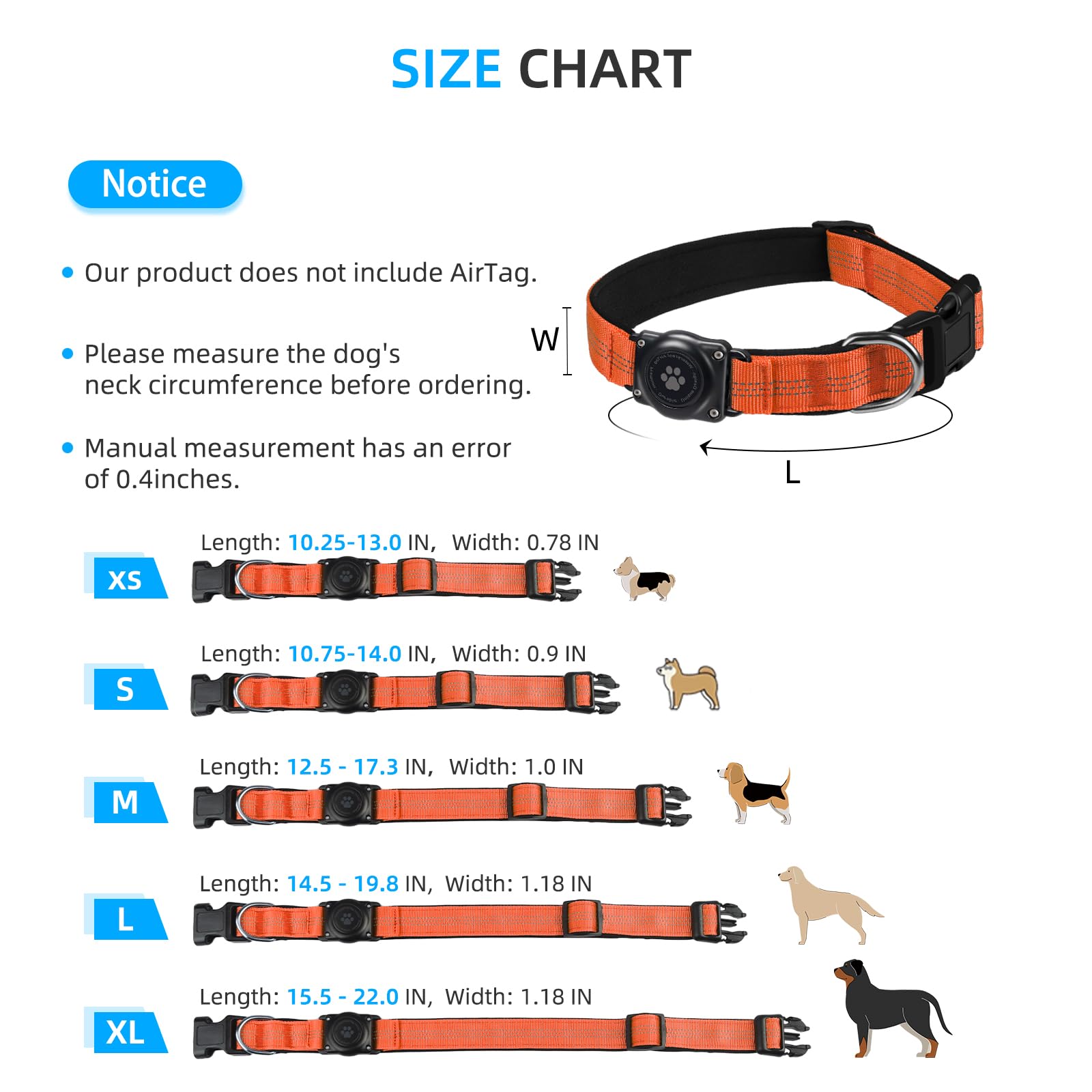 Furrigo IP68 Waterproof AirTag Dog Collar - Orange, XL (15.6-22 in) - Reflective & Padded