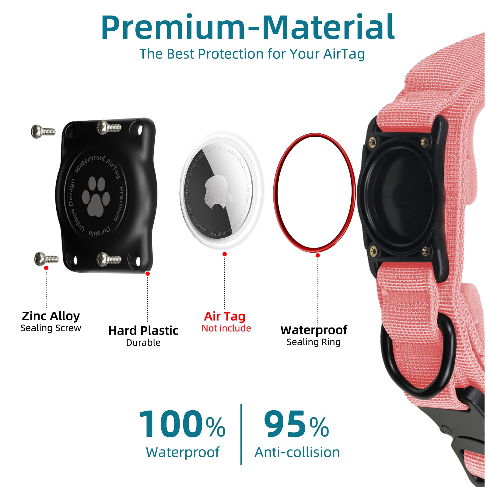 Furrigo Pink Tactical AirTag Dog Collar XL – Integrated Waterproof Holder, Adjustable with Handle