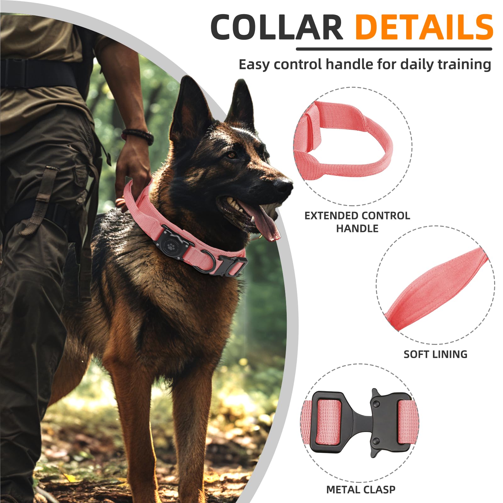 Furrigo Pink Tactical AirTag Dog Collar XL – Integrated Waterproof Holder, Adjustable with Handle