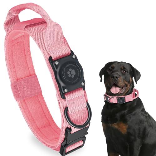 Furrigo Pink Tactical AirTag Dog Collar XL – Integrated Waterproof Holder, Adjustable with Handle