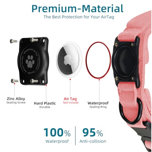 Furrigo Pink Tactical AirTag Dog Collar XL – Integrated Waterproof Holder, Adjustable with Handle