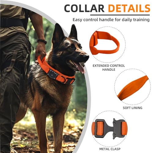 Furrigo Tactical AirTag Dog Collar - Waterproof Integrated Holder, Military Handle, Orange, Large