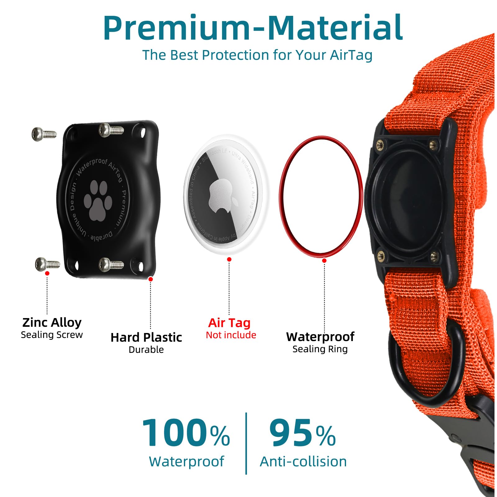 Furrigo Tactical AirTag Dog Collar - Waterproof Integrated Holder, Military Handle, Orange, Large