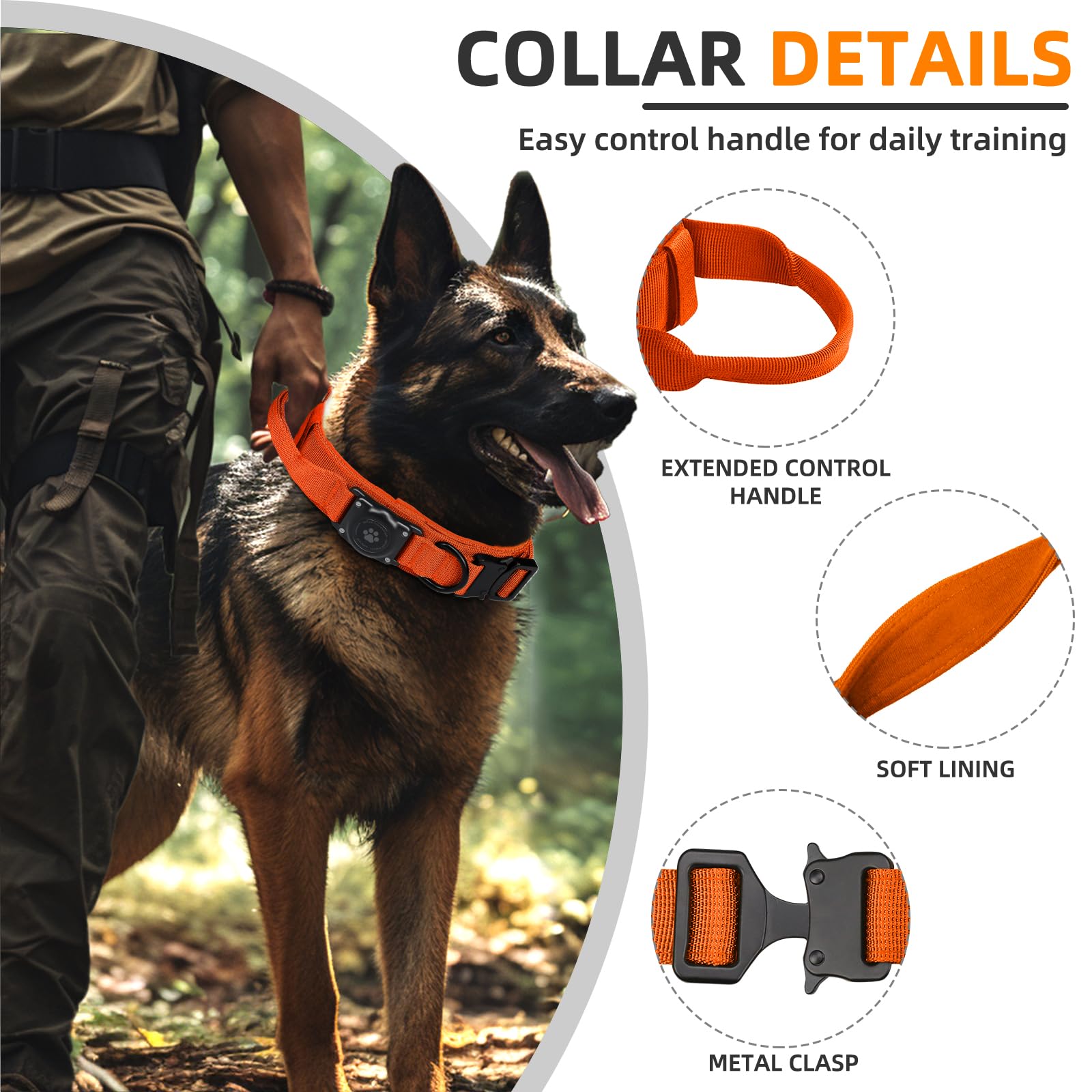 Furrigo Tactical AirTag Dog Collar - Waterproof Integrated Holder, Military Handle, Orange, Large