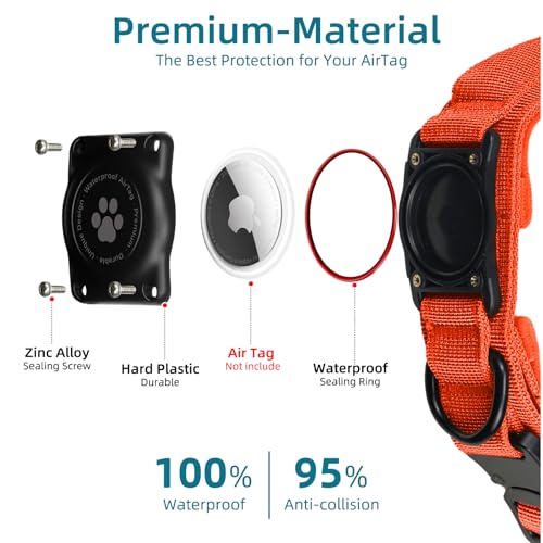 Furrigo Tactical AirTag Dog Collar - Waterproof Integrated Holder, Military Handle, Orange, Large