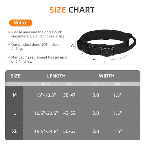 Furrigo Tactical AirTag Dog Collar (Black, XL) - Waterproof Integrated Holder for Medium Large Dogs