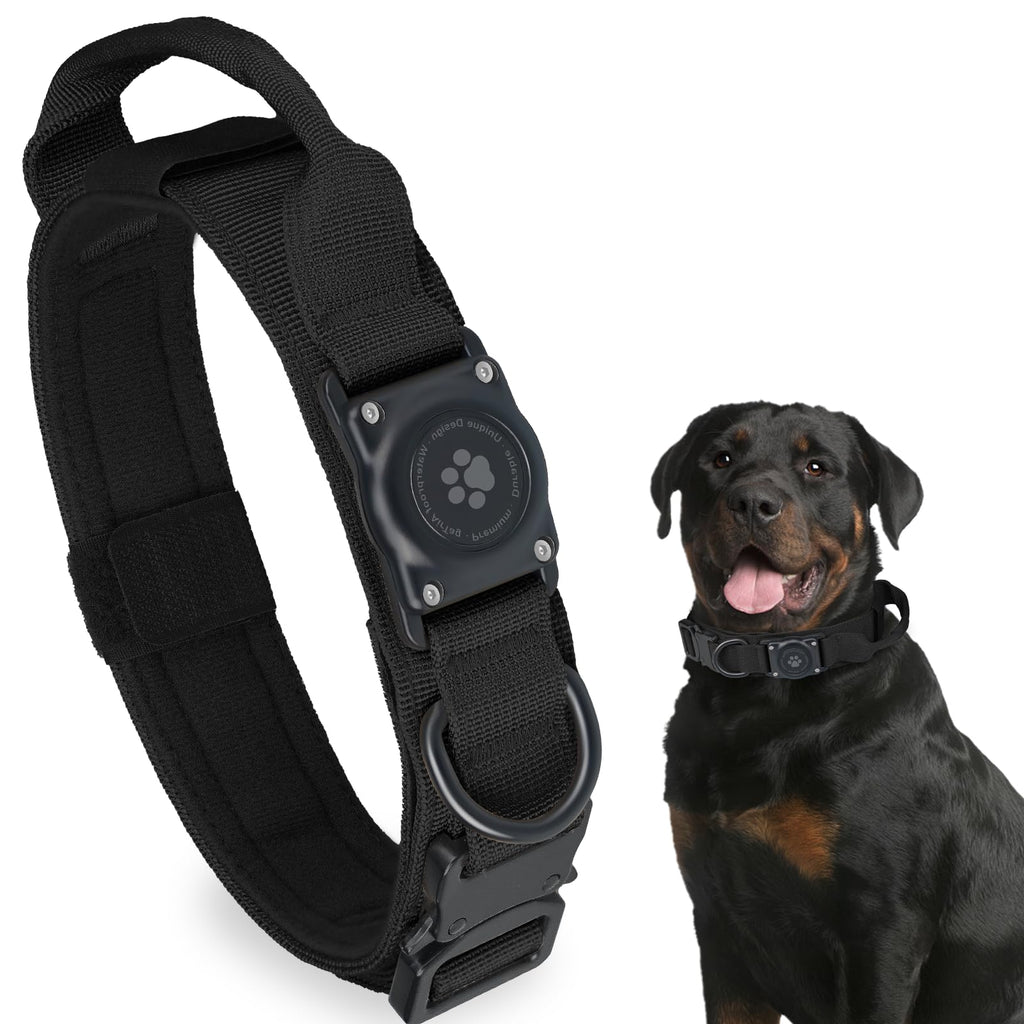 Furrigo Tactical AirTag Dog Collar (Black, XL) - Waterproof Integrated Holder for Medium Large Dogs