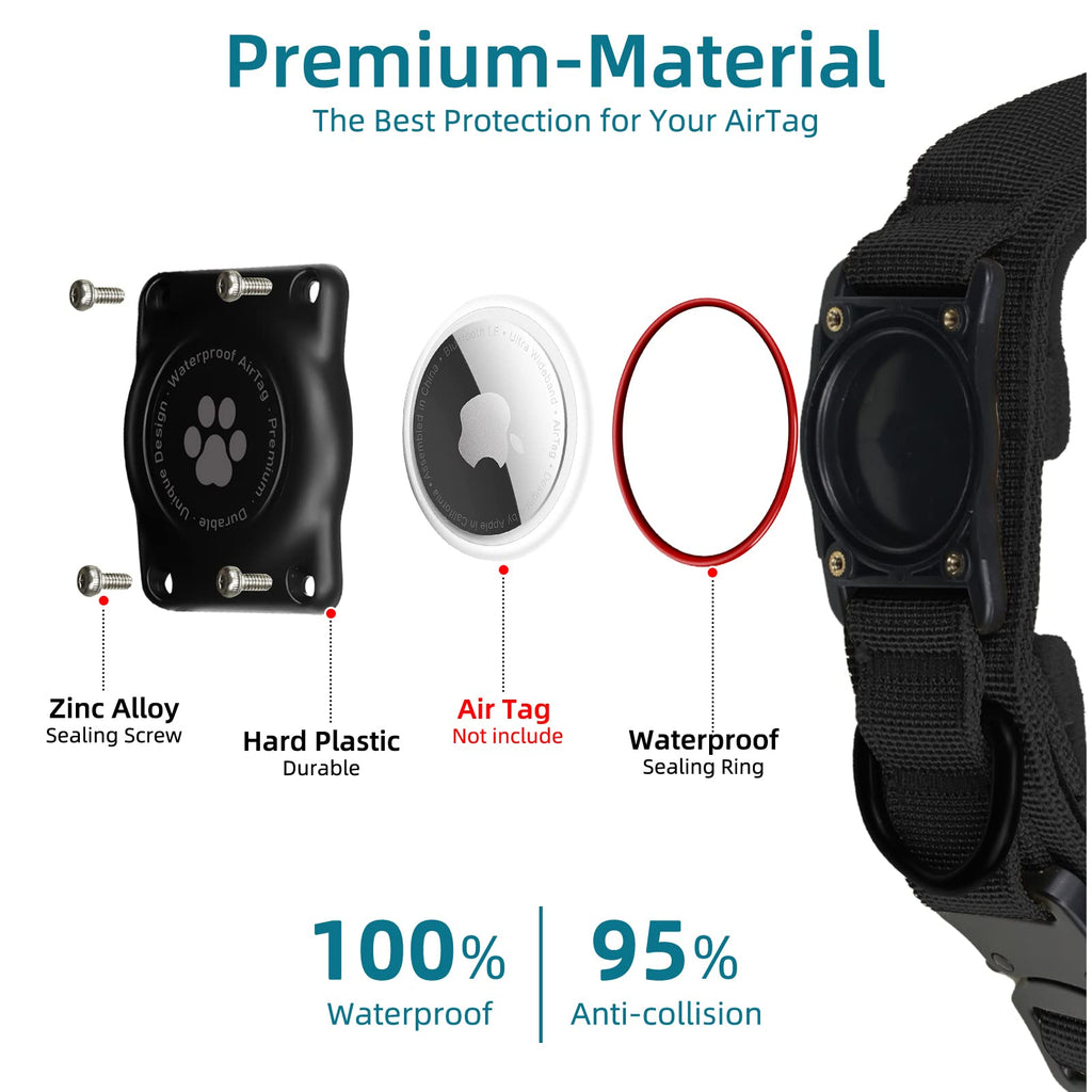 Furrigo Tactical AirTag Dog Collar (Black, XL) - Waterproof Integrated Holder for Medium Large Dogs
