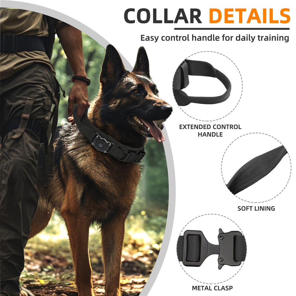 Furrigo Tactical AirTag Dog Collar (Black, XL) - Waterproof Integrated Holder for Medium Large Dogs