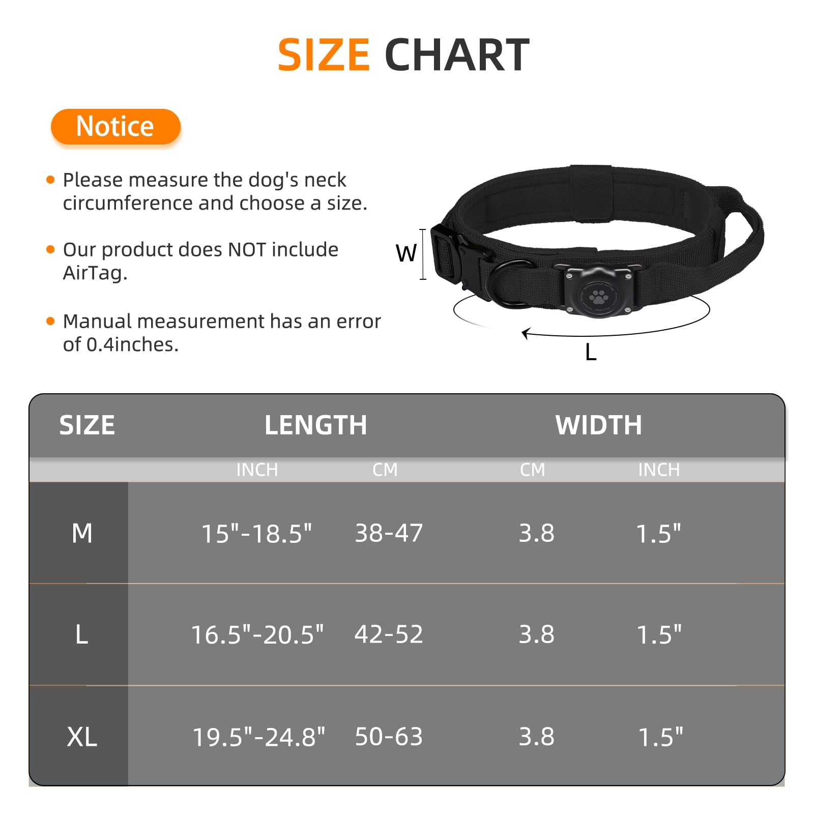 Furrigo Tactical AirTag Dog Collar (Black, XL) - Waterproof Integrated Holder for Medium Large Dogs