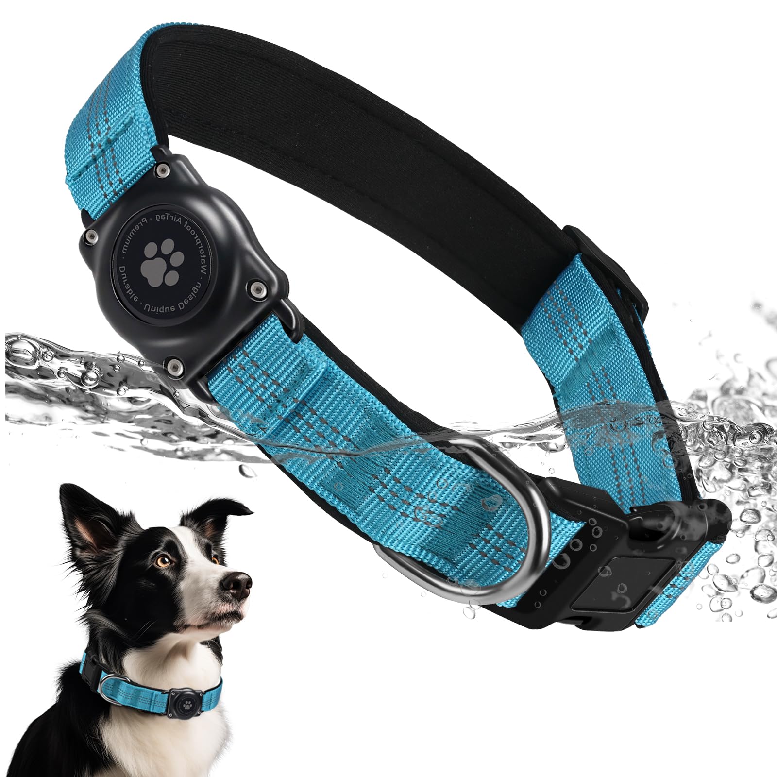 Furrigo Upgraded AirTag Dog Collar Holder - IP68 Waterproof, Reflective, Padded, Heavy Duty Nylon Collar for Small Dogs (Blue, Size S)
